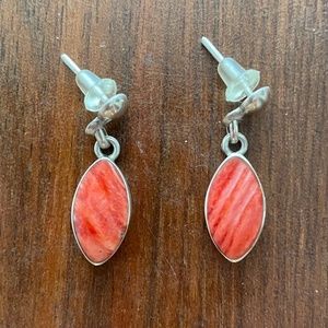 Coral Stone & Silver Dangle Earrings